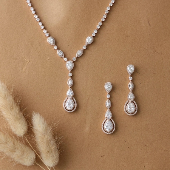 Rose Gold necklace set, Rose Gold earrings for Bride, Rose gold Wedding jewelry set, Bridal Necklace set, Teardrop Bridal earrings