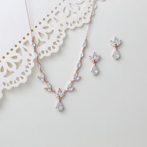 Dainty Bridal necklace and earring set Silver Wedding jewelry set Rose gold drop earrings Simple necklace and earrings for Bride CZ Bridal zdjęcie 8