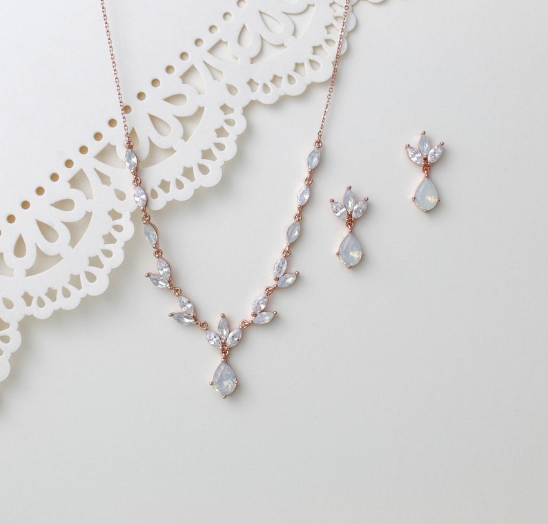 Dainty Bridal necklace and earring set Silver Wedding jewelry set Rose gold drop earrings Simple necklace and earrings for Bride CZ Bridal zdjęcie 8