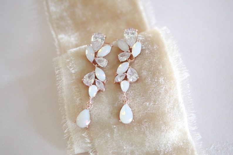 Rose gold crystal Bridal earrings, Bridal jewelry, CZ drop Wedding earrings, White opal earrings, Rose gold Wedding jewelry, Cubic Zirconia image 4