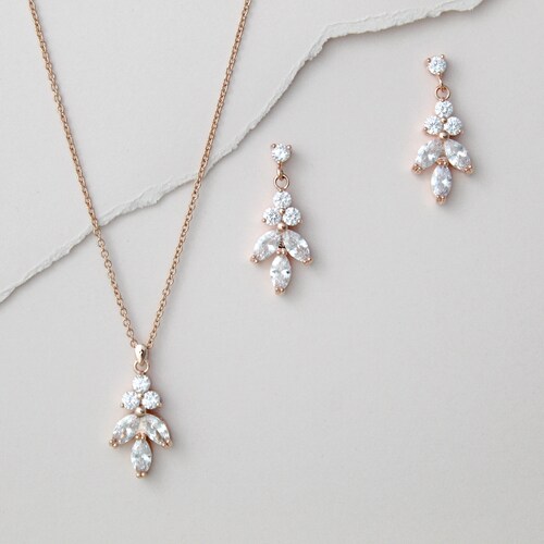 Dainty Rose Gold Necklace and Earring Set Delicate Bridal Etsy