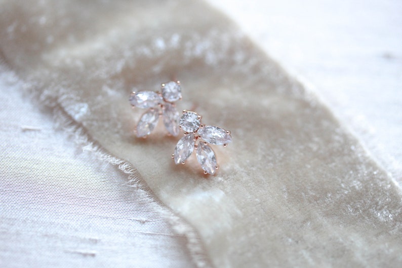 Dainty Rose gold Bridal earrings, Rose gold stud earrings, Bridal jewelry, Bridesmaid earrings, CZ Stud earrings, Simple Wedding earrings image 4