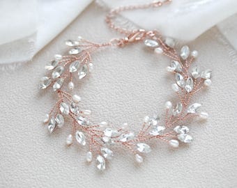 Rose gold Bridal Bracelet, Pearl Wedding bracelet, Bridal jewelry, Rhinestone and pearl bracelet, Rose gold Wedding jewelry, Leaf bracelet