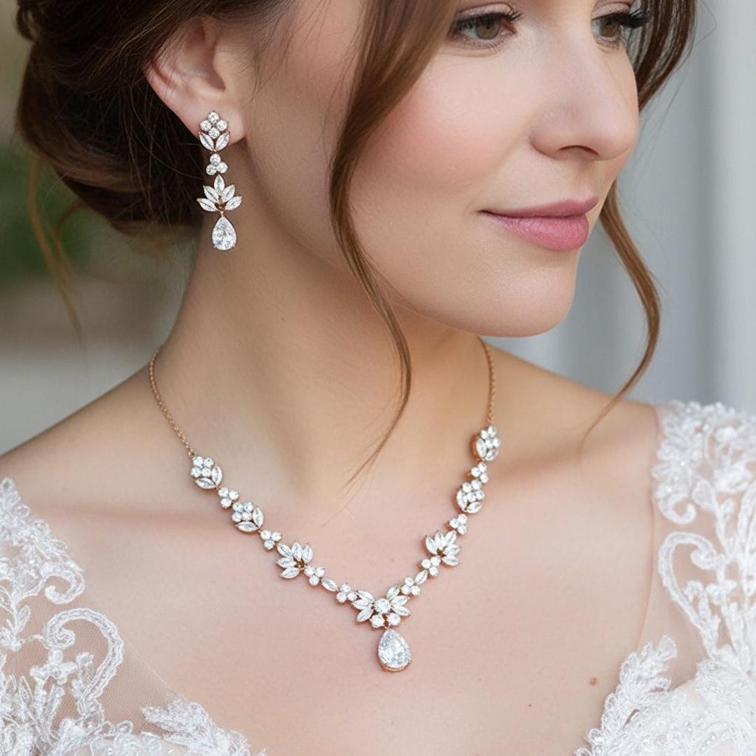 Rose Gold Bridal Necklace and Earring, Jewelry Set for Wedding