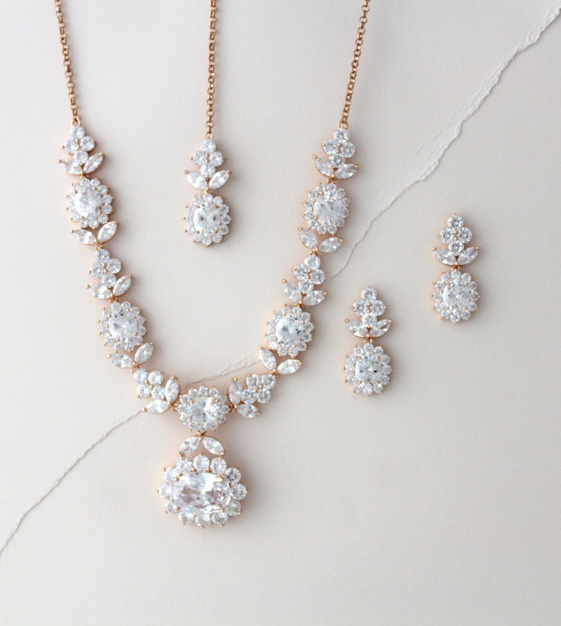Rose Gold backdrop necklace Bridal necklace and earring set Bridal jewelry Wedding earrings Wedding jewelry set Bridal back necklace