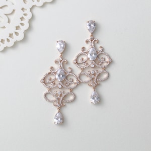 Rose Gold Chandelier Bridal Earrings, Cubic Zirconia Teardrop Wedding Earrings, Statement Earrings for Bride, Bridal jewelry for Wedding