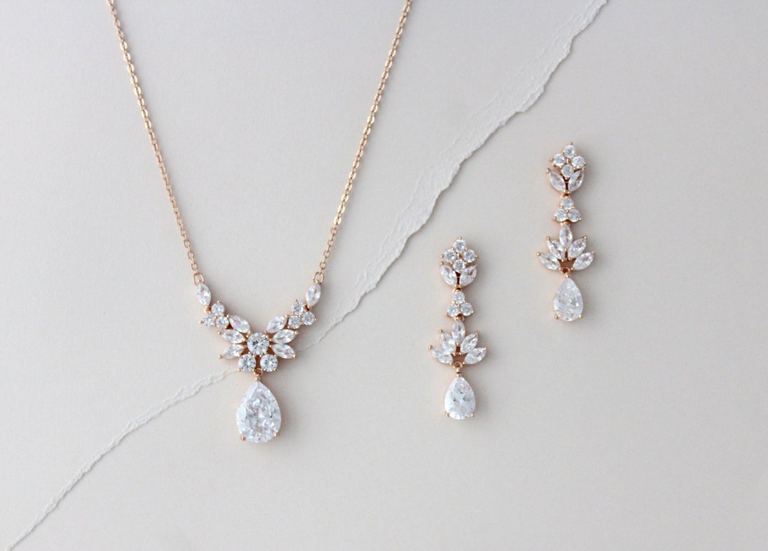 Rose Gold Bridal Jewelry Set Rose Gold Bridal Necklace and Earrings Simple Wedding Necklace Backdrop Necklace CZ Wedding Jewelry Etsy Canada