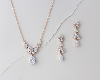 Rose gold Bridal jewelry set, Rose gold Bridal necklace and earrings, Simple Wedding necklace, Backdrop necklace, CZ Wedding jewelry