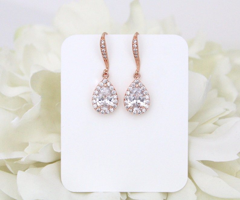Dainty Rose Gold Bridal earrings Bridal jewelry Simple Crystal Etsy