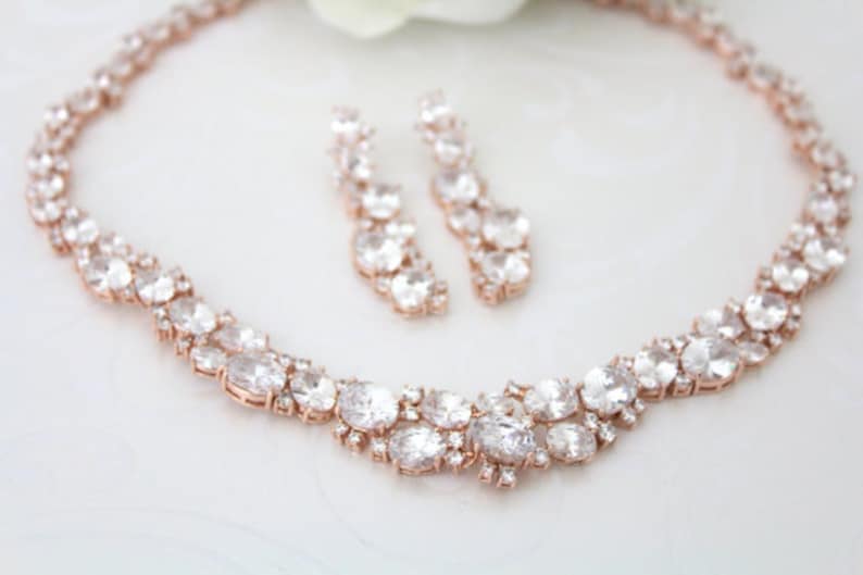 Rose Gold backdrop necklace Bridal back drop necklace Wedding necklace set Bridal jewelry set Chunky CZ necklace Bridal drop earrings image 8