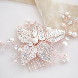 Peigne de mariée en or rose, Morceau de cheveux en or rose, Accessoire de cheveux de mariage, Morceau de cheveux de mariage, Peigne floral, Morceau de cristal image 3