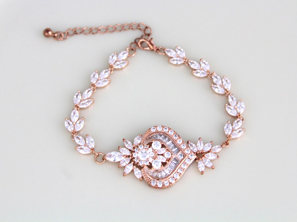 Rose Gold Wedding bracelet Cubic zirconia bracelet Bridal Etsy