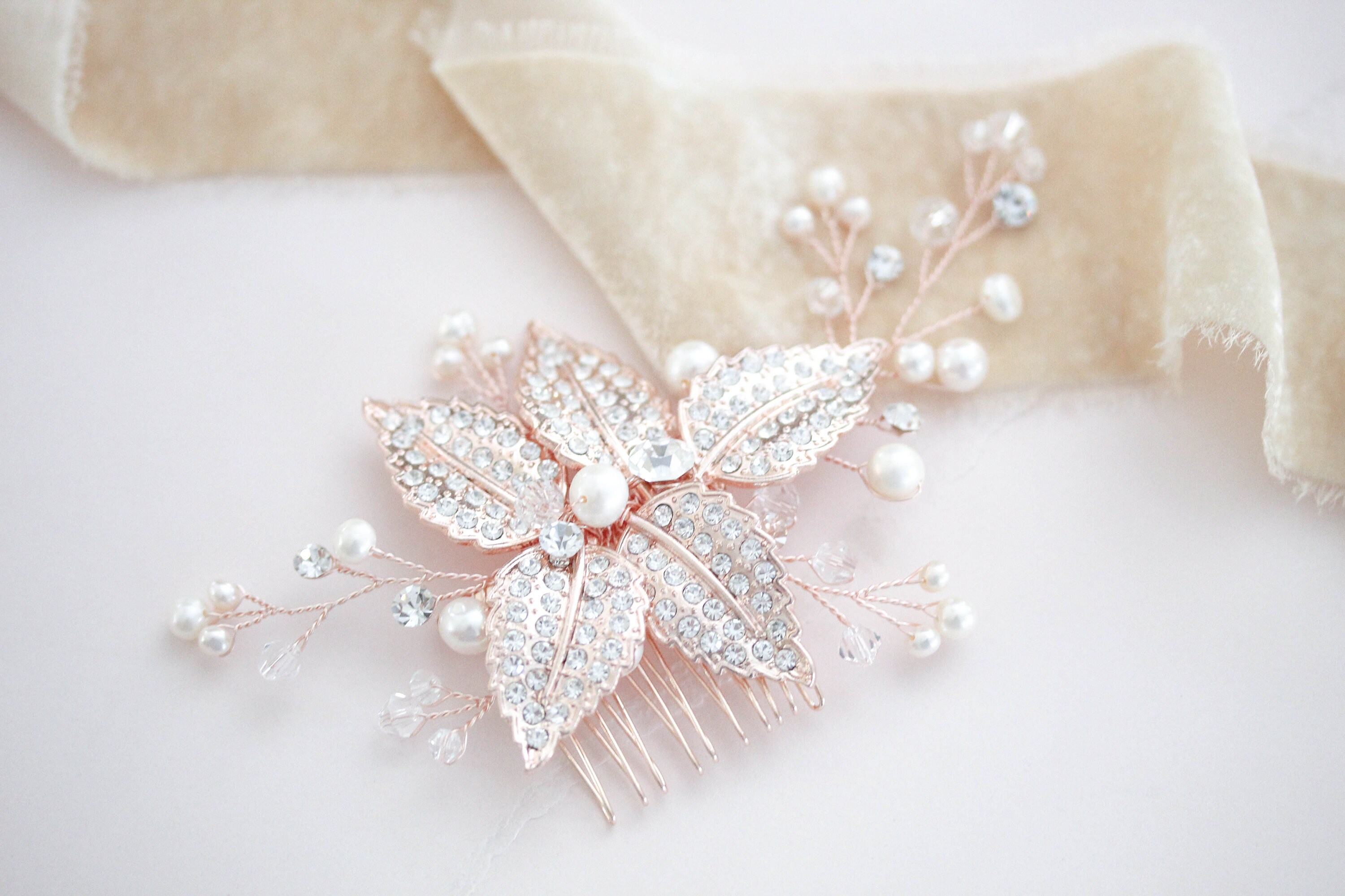 Rose gold Bridal hair comb, Rose gold hair piece, Wedding hair accessory, Wedding hair piece, Floral hair comb, Crystal hair piece