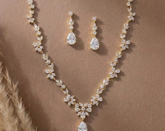 Gouden bruidssieradenset, CZ trouwketting en oorbellen, kristallen sieraden voor de bruid