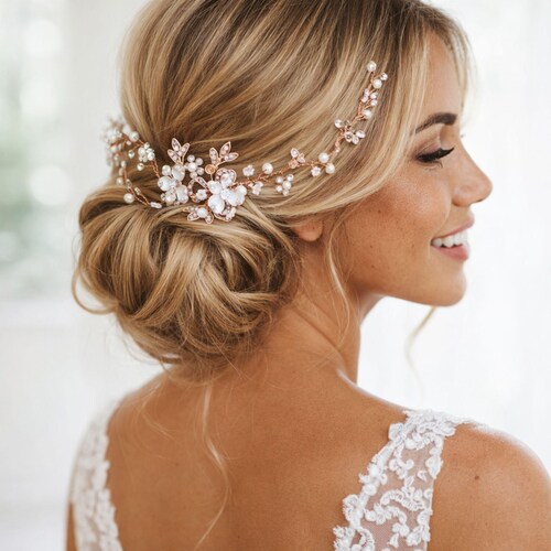 Wedding bride bridal hair vine pearls on rose gold Rose Gold Bridal Hair Vine with Crystal Pearls and  main image 3
