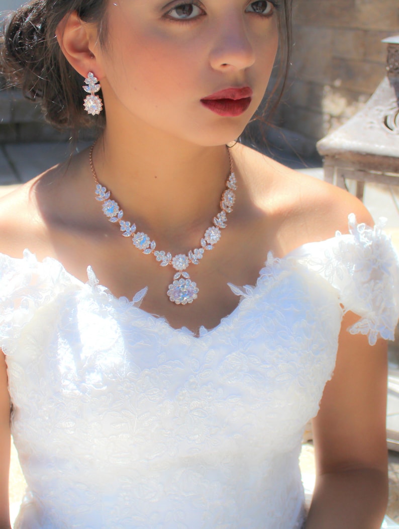 Rose Gold backdrop necklace Bridal necklace and earring set Bridal jewelry Wedding earrings Wedding jewelry set Bridal back necklace