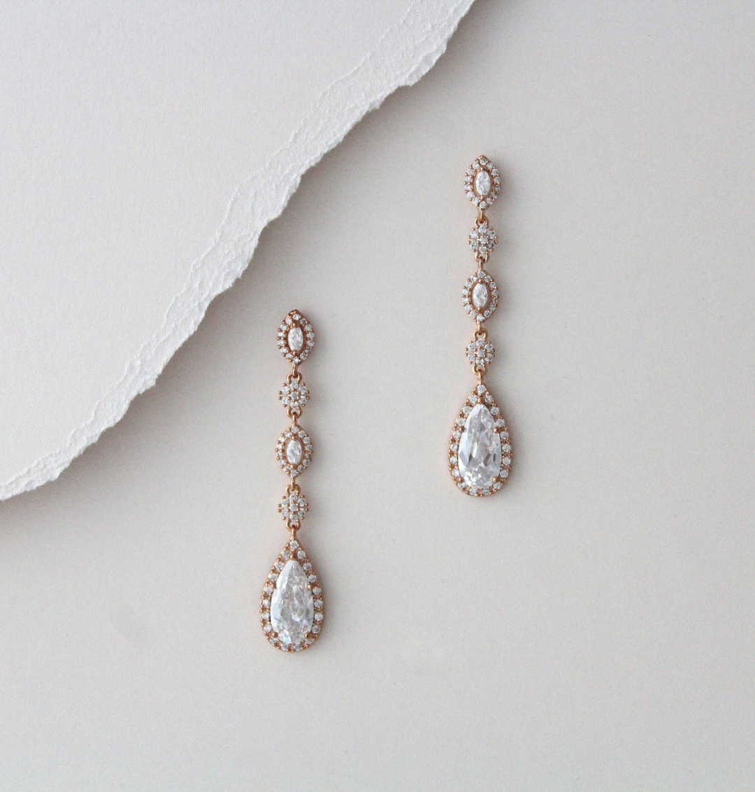 Long Dainty Crystal Drop Earrings Rose Gold Bridal Earrings CZ Wedding