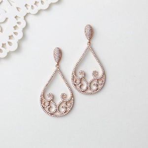 Rose Gold Teardrop Earrings, Cubic Zirconia Bridal Earrings, Dangle Wedding earrings, Bridal jewelry, Wedding day jewelry, Rose gold jewelry