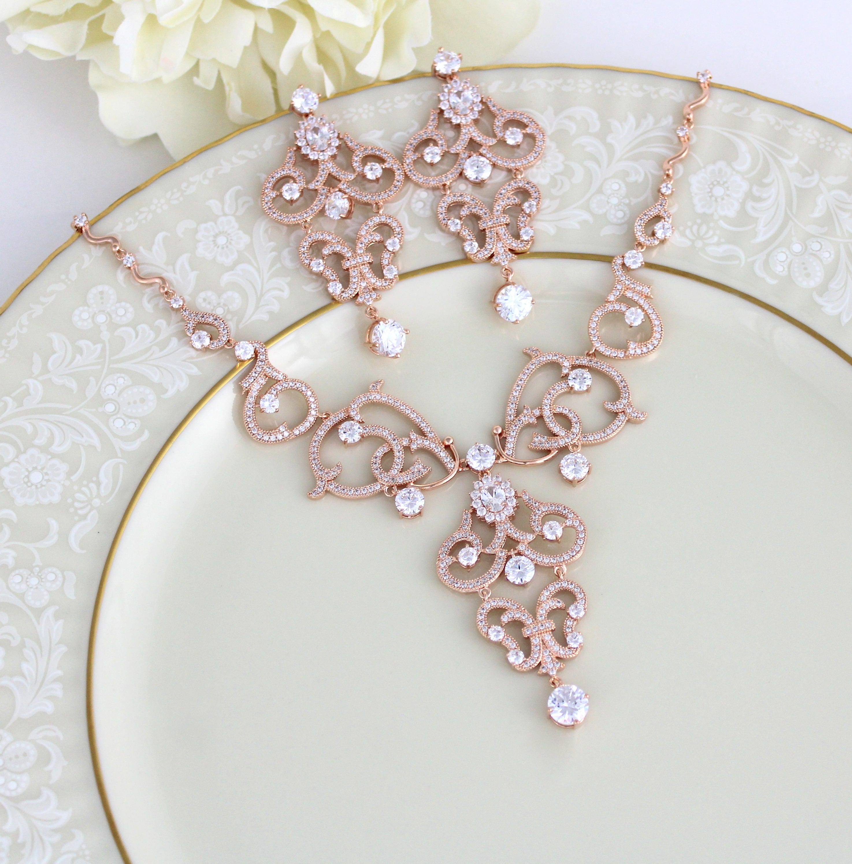 Rose Gold Necklace Set Bridal Jewelry Set Rose Gold Wedding - Etsy Canada