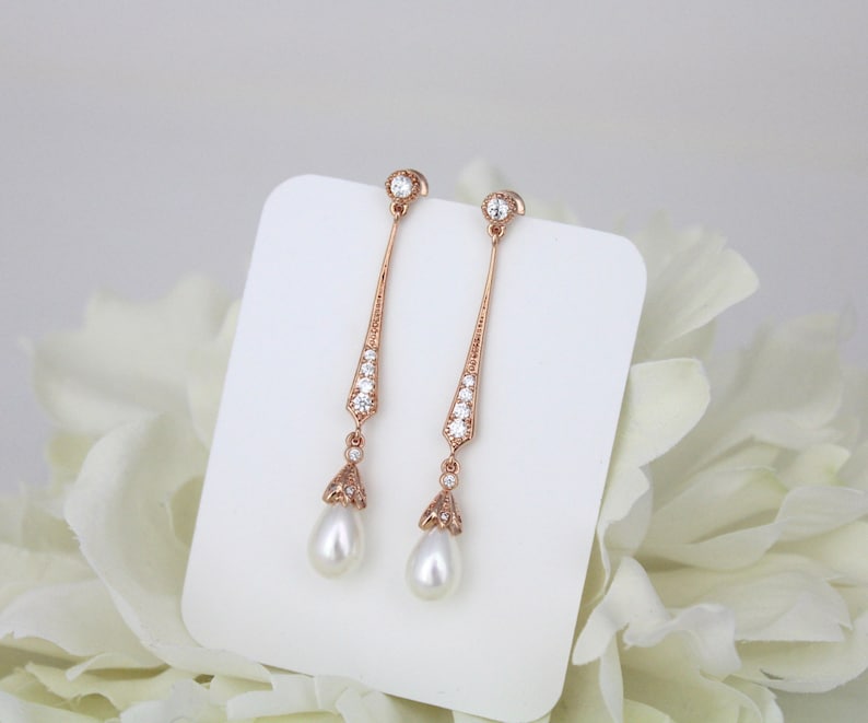 Long Bridal earrings Pearl drop Wedding earrings Art Deco earrings Wedding jewelry Crystal earrings Freshwater pearl earrings Dangle earring image 6