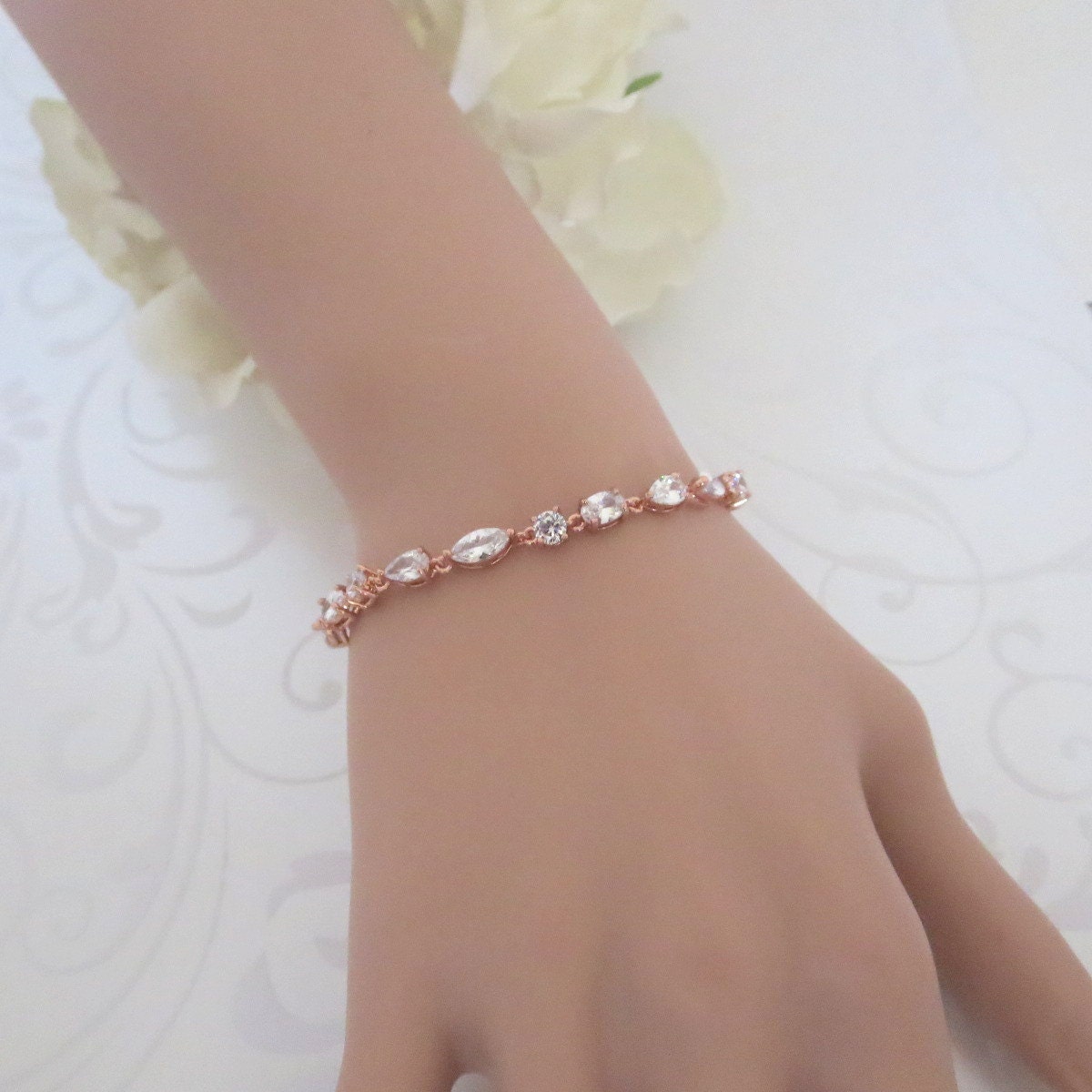 Rose Gold Bridal Bracelet Dainty Crystal Bracelet Simple - Etsy