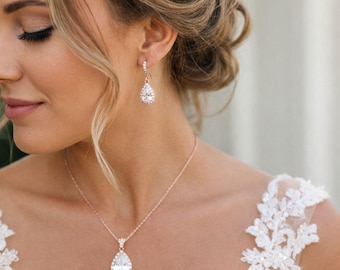 Rose Gold Bridal Jewelry Set, Teardrop CZ Necklace and Earrings, Rose Gold Wedding Jewelry, Elegant Bridal Set, Bridesmaid Gift