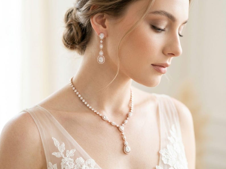 Bride wearing an elegant rose gold cubic zirconia bridal necklace and matching drop earrings with a soft tulle wedding gown.