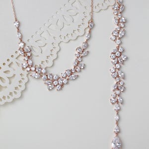 Rose gold Backdrop necklace, Bridal Back necklace, Bridal jewelry, Bridal Y necklace, Rose gold Wedding jewelry, Necklace for Bride