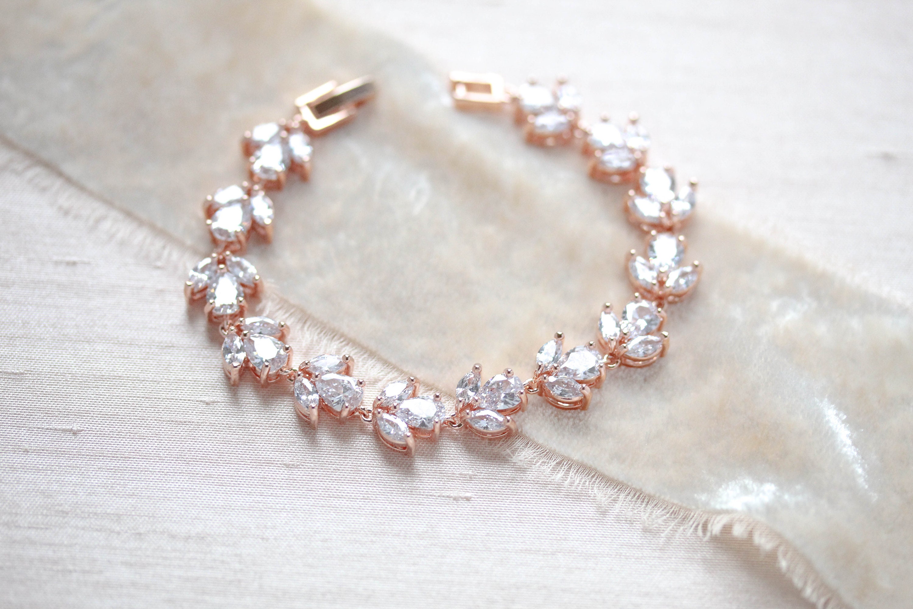 Pulsera nupcial de oro rosa, joyería nupcial, pulsera de tenis CZ