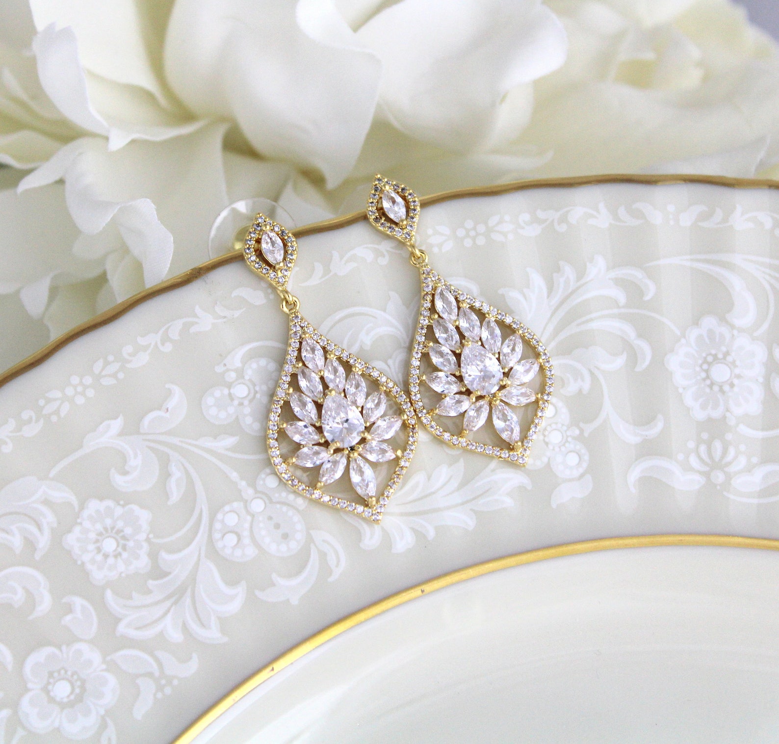 Rose gold Bridal earrings Crystal drop earrings Bridal jewelry | Etsy