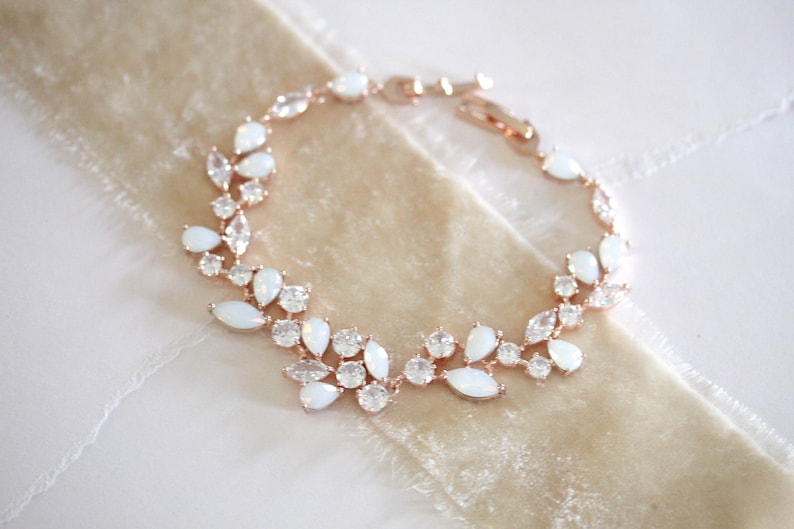 Rose gold Bridal bracelet, Bridal jewelry, White opal Wedding bracelet, Cubic zirconia bracelet, Bridesmaid bracelet, Wedding jewelry image 4