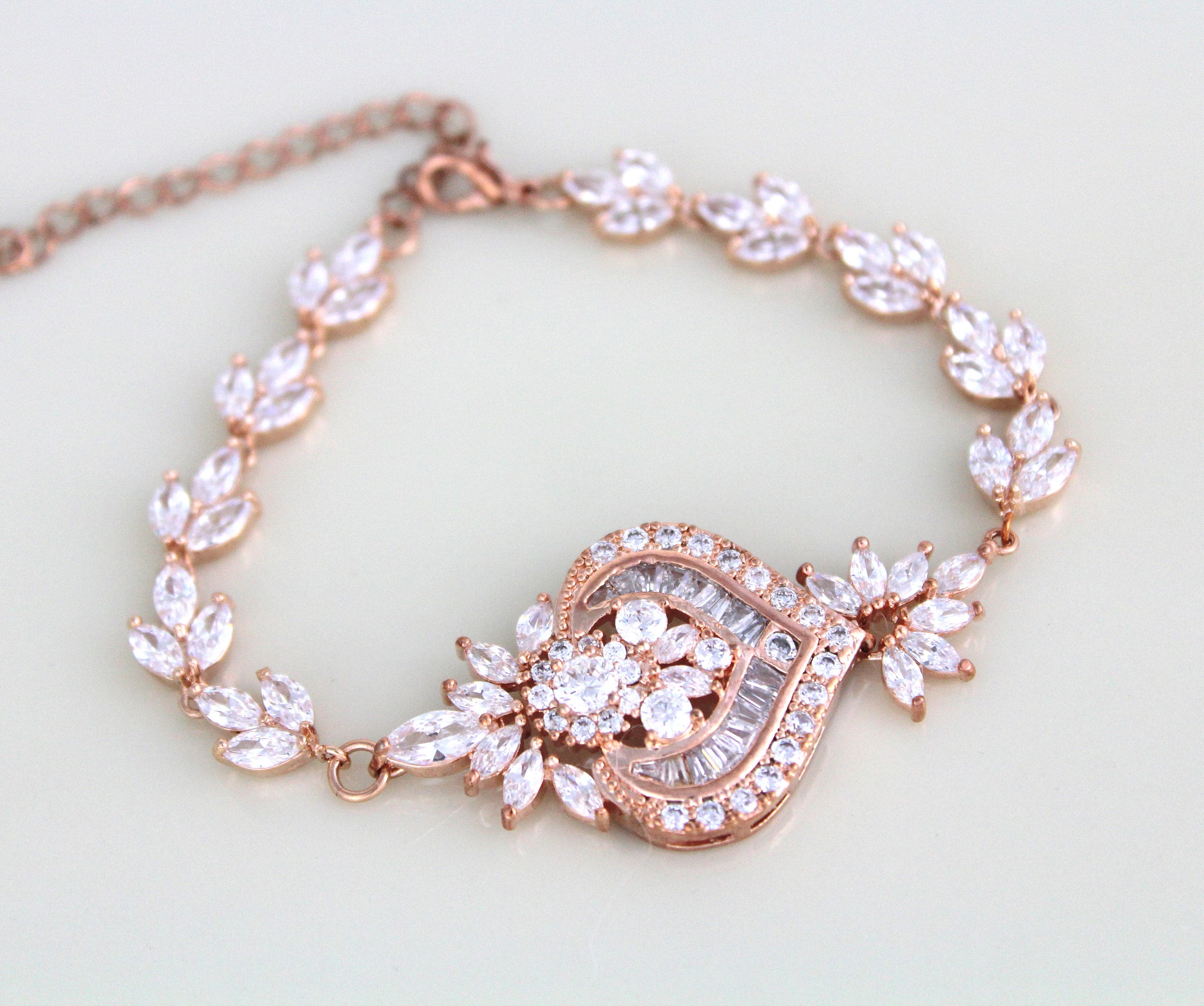 Rose Gold Wedding Bracelet Cubic Zirconia Bracelet Bridal Etsy