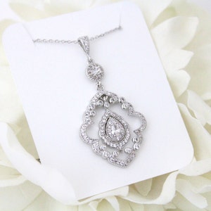 Art Deco Bridal necklace Crystal Wedding necklace Bridal Pendant necklace Wedding jewelry CZ necklace Simple Bridal jewelry