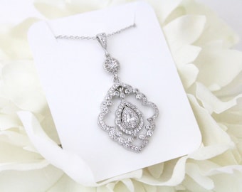 Art Deco Bridal necklace Crystal Wedding necklace Bridal Pendant necklace Wedding jewelry CZ necklace Simple Bridal jewelry