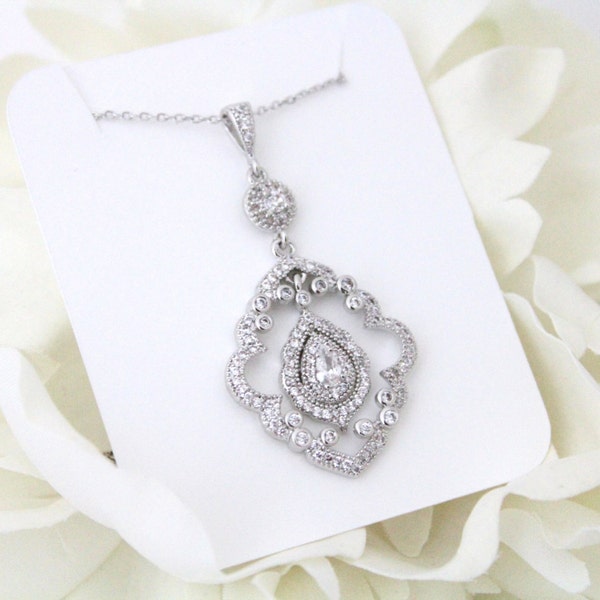Art Deco Bridal necklace Crystal Wedding necklace Bridal Pendant necklace Wedding jewelry CZ necklace Simple Bridal jewelry