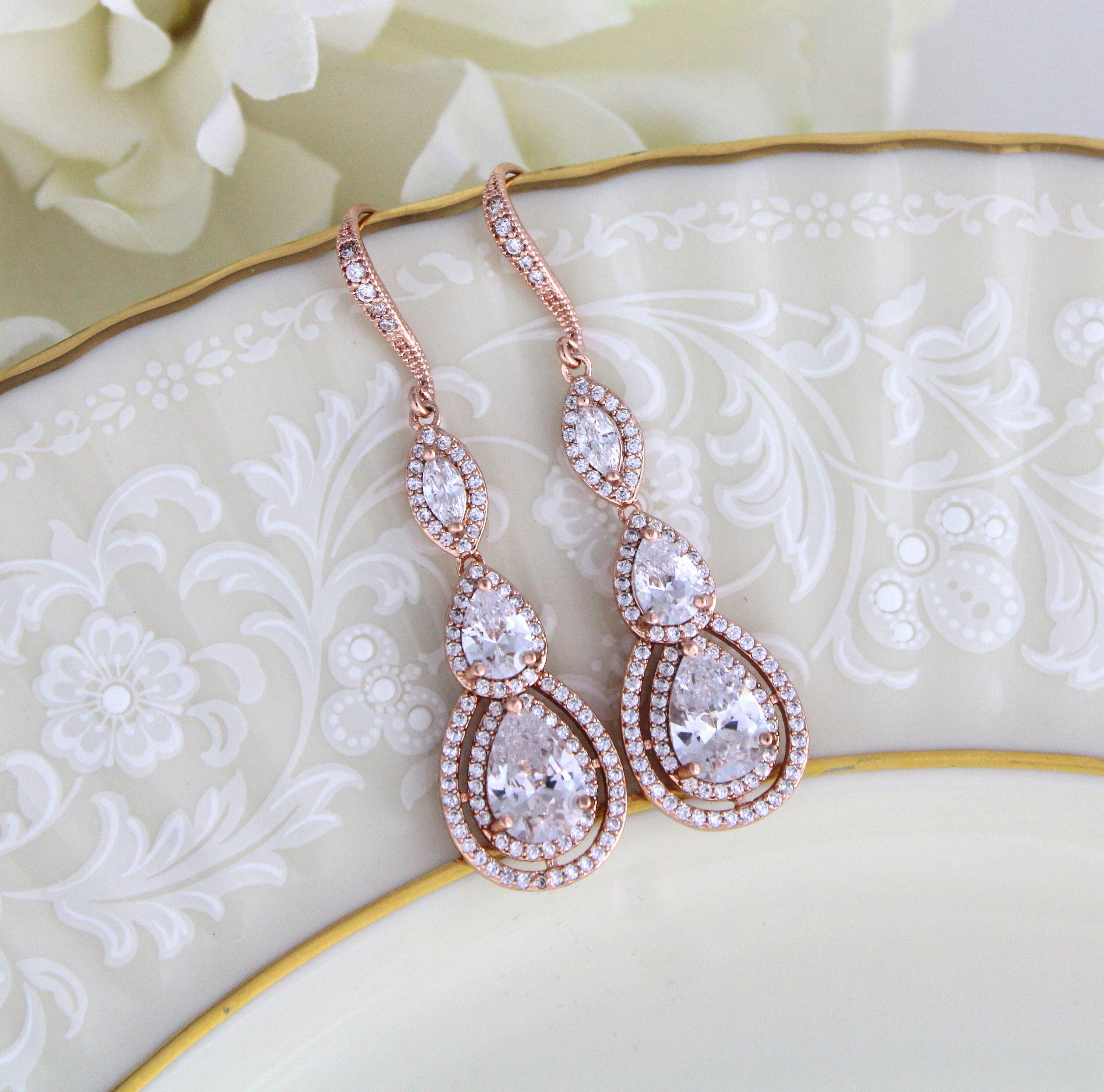 Rose Gold Earrings Crystal Bridal Earrings Bridal Jewelry Long - Etsy ...