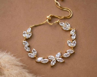 Gold bridal bracelet, Bridal jewelry, CZ Leaf Bracelet for Wedding, Layering bracelet
