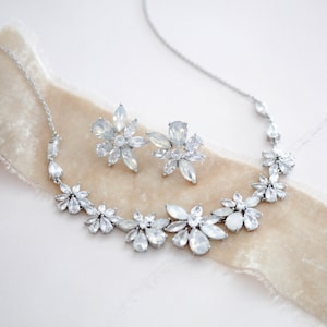 White opal Bridal necklace set, Bridal jewelry, Cubic zirconia necklace and earrings, White opal Wedding jewelry, CZ Wedding earrings