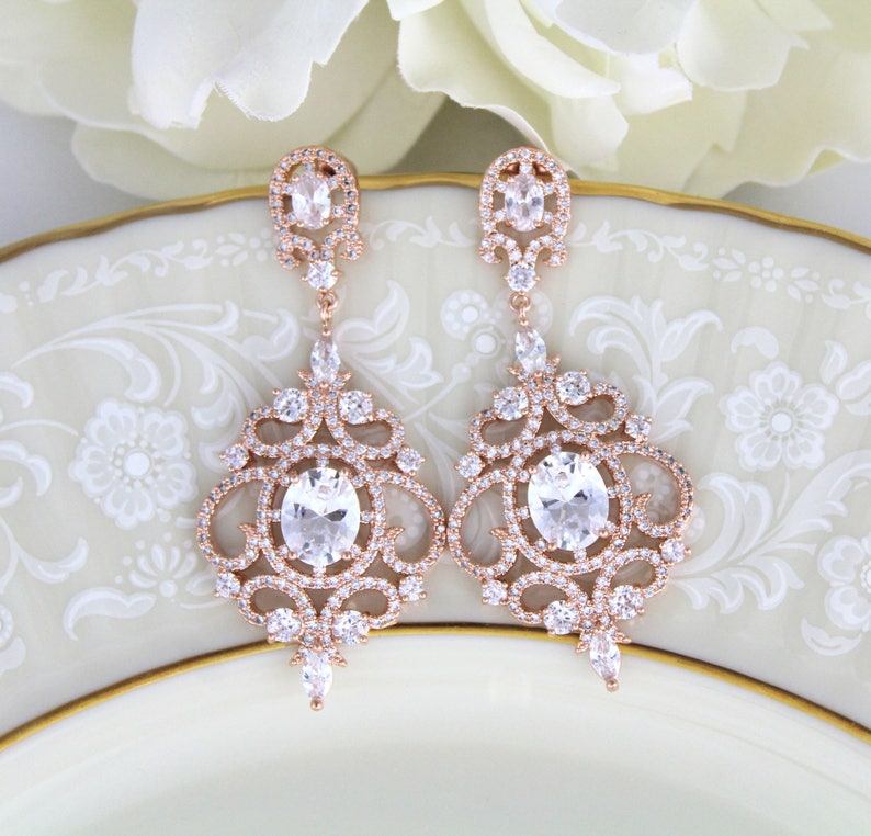 Rose Gold Bridal earrings Rose Gold Chandelier earrings Wedding earrings Wedding jewelry,CZ earrings Wedding accessories Bridesmaid image 3