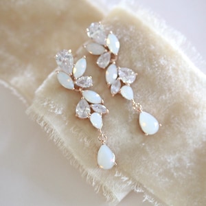 Rose gold crystal Bridal earrings, Bridal jewelry, CZ drop Wedding earrings, White opal earrings, Rose gold Wedding jewelry, Cubic Zirconia image 3