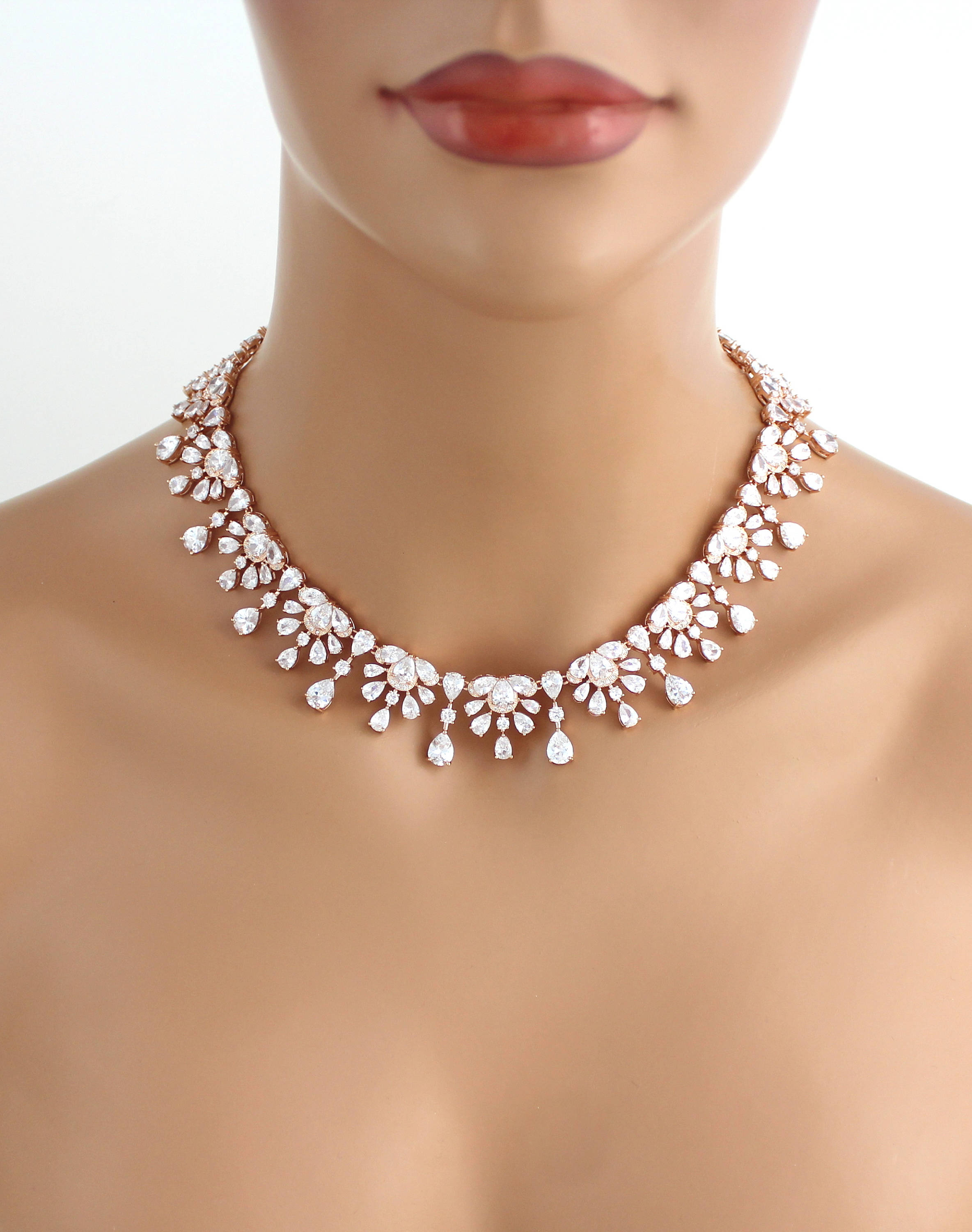 Rose Gold Wedding Necklace Bridal Necklace CZ Statement Etsy