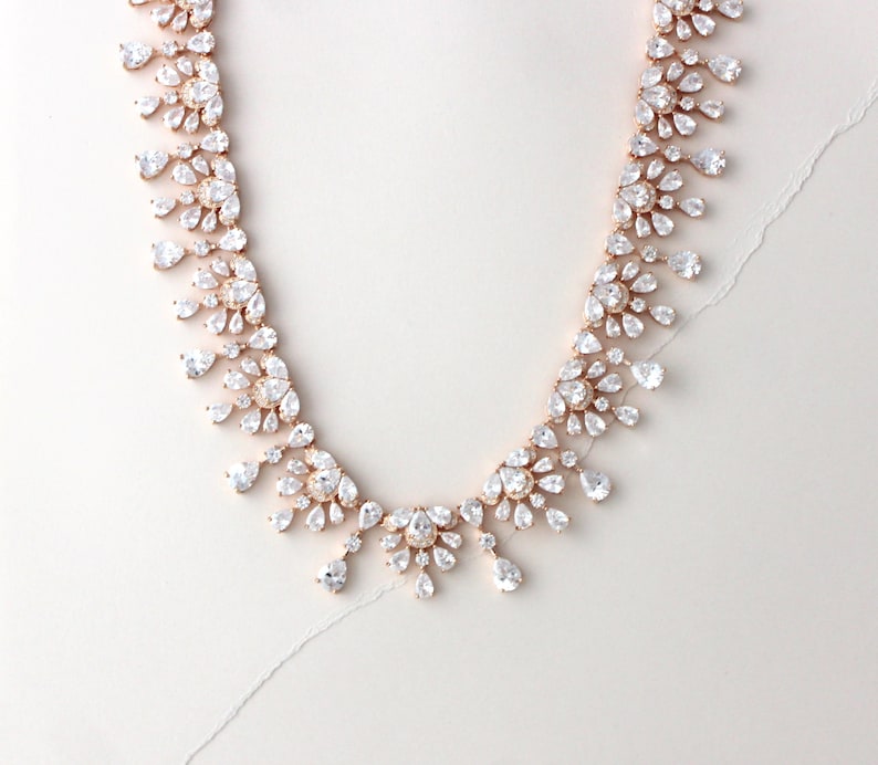 Rose Gold Wedding Necklace Bridal Necklace CZ Statement Etsy