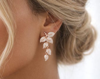 Rose Gold Bridal Earrings, Floral Earrings for Wedding, Crystal earrings with leaf design