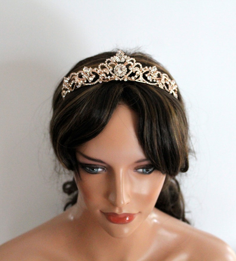 Rose gold Bridal tiara Rose gold Wedding crown Rhinestone crystal tiara Vintage style wedding tiara Bridal headband headpiece image 9