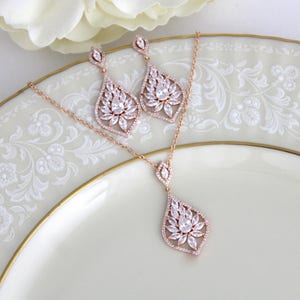 Rose gold necklace and earring set Bridal jewelry set CZ  Backdrop necklace Bridal drop earrings Wedding jewelry accessories Dangle earrings