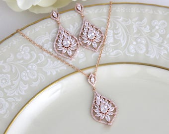 Rose gold necklace and earring set Bridal jewelry set CZ Backdrop necklace  Bridal drop earrings Wedding jewelry accessories Dangle earrings