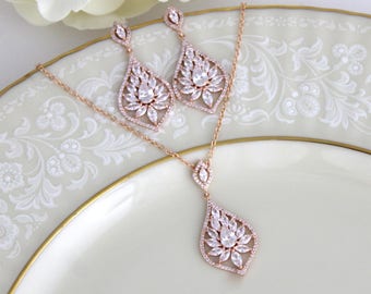 Rose gold necklace and earring set Bridal jewelry set CZ  Backdrop necklace Bridal drop earrings Wedding jewelry accessories Dangle earrings