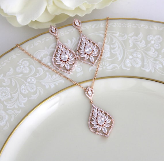 Rose Gold Necklace and Earring Set Bridal Jewelry Set CZ Backdrop Necklace  Bridal Drop Earrings Wedding Jewelry Accessories Dangle Earrings 