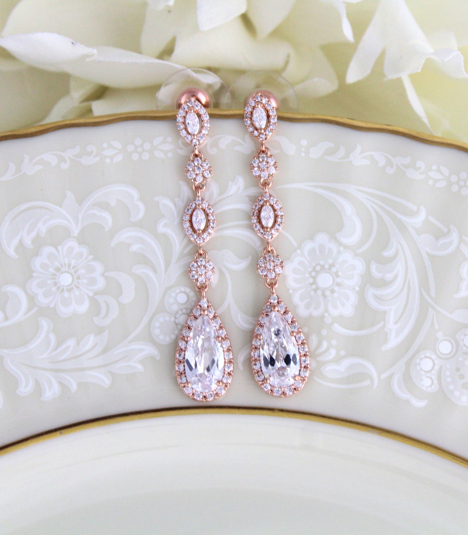 Long Dainty Crystal Drop Earrings Rose Gold Bridal Earrings CZ - Etsy