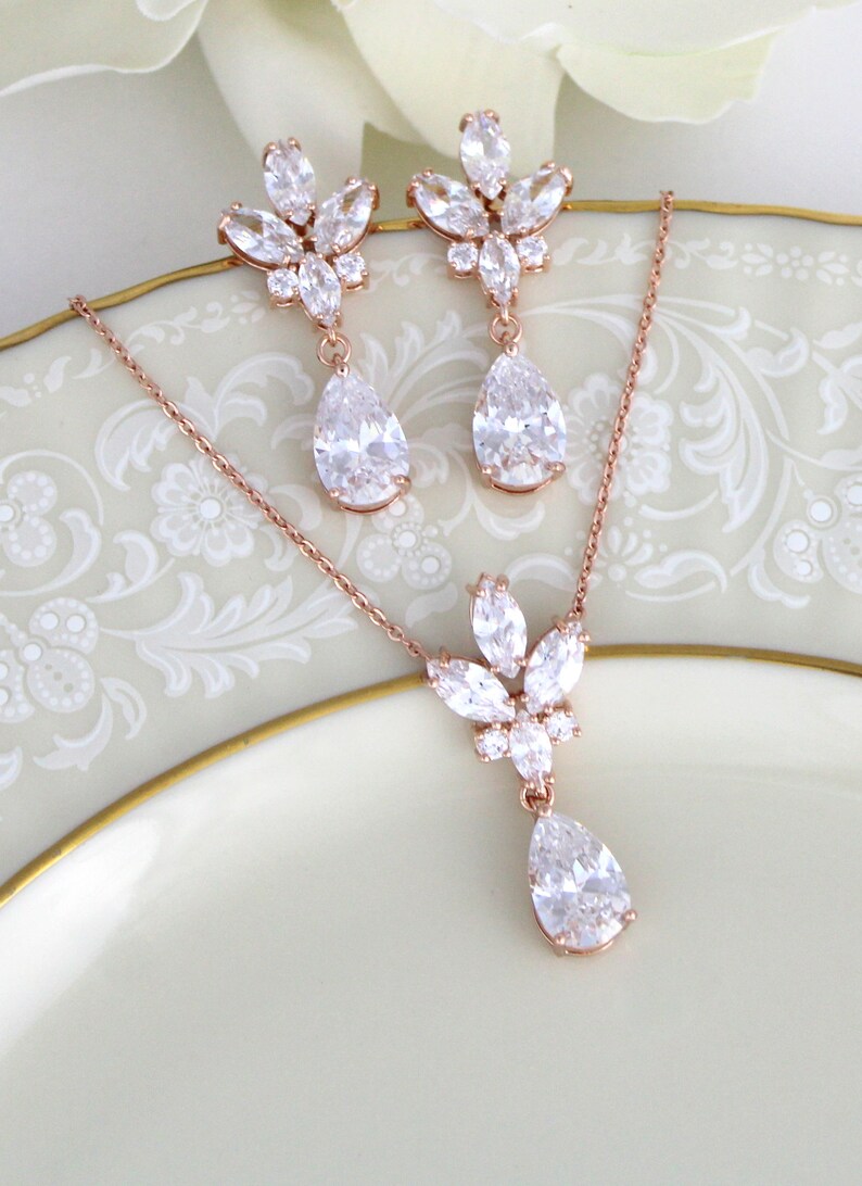 Rose Gold Necklace Set Bridal Jewelry Rose Gold Bridal Etsy
